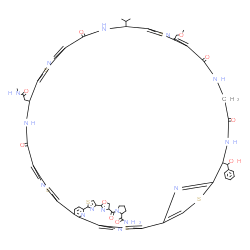 ChemSpider 2D Image | 1-{[2-(2-{35-[Hydroxy(phenyl)methyl]-25-isopropyl-28-(methoxymethyl)-18-[2-(methylamino)-2-oxoethyl]-16,23,30,33-tetraoxo-3,13,20,27,37-pentathia-7,17,24,31,34,39,40,41,42,43-decaazaheptacyclo[34.2.1.
1~2,5~.1~12,15~.1~19,22~.1~26,29~.0~6,11~]tritetraconta-1(38),2(43),4,6,8,10,12(42),14,19(41),21,26(40),28,36(39)-tridecaen-8-yl}-1,3-thiazol-4-yl)-4,5-dihydro-1,3-oxazol-4-yl]carbonyl}prolinamide | C55H53N15O10S6