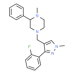 ChemSpider 2D Image | 4-{[3-(2-Fluorophenyl)-1-methyl-1H-pyrazol-4-yl]methyl}-1-methyl-2-phenylpiperazine | C22H25FN4
