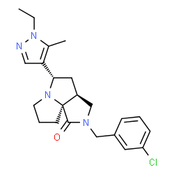 ChemSpider 2D Image | (3aS,5S,9aS)-2-(3-Chlorobenzyl)-5-(1-ethyl-5-methyl-1H-pyrazol-4-yl)hexahydro-7H-pyrrolo[3,4-g]pyrrolizin-1(2H)-one | C22H27ClN4O