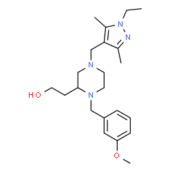 ChemSpider 2D Image | 2-{4-[(1-Ethyl-3,5-dimethyl-1H-pyrazol-4-yl)methyl]-1-(3-methoxybenzyl)-2-piperazinyl}ethanol | C22H34N4O2