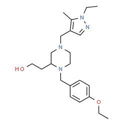 ChemSpider 2D Image | 2-{1-(4-Ethoxybenzyl)-4-[(1-ethyl-5-methyl-1H-pyrazol-4-yl)methyl]-2-piperazinyl}ethanol | C22H34N4O2
