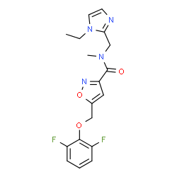 ChemSpider 2D Image | 5-[(2,6-Difluorophenoxy)methyl]-N-[(1-ethyl-1H-imidazol-2-yl)methyl]-N-methyl-1,2-oxazole-3-carboxamide | C18H18F2N4O3