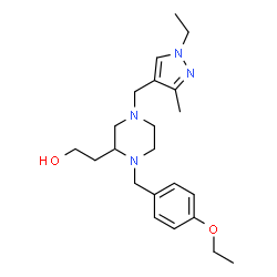 ChemSpider 2D Image | 2-{1-(4-Ethoxybenzyl)-4-[(1-ethyl-3-methyl-1H-pyrazol-4-yl)methyl]-2-piperazinyl}ethanol | C22H34N4O2