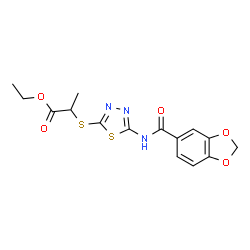 ChemSpider 2D Image | Ethyl 2-({5-[(1,3-benzodioxol-5-ylcarbonyl)amino]-1,3,4-thiadiazol-2-yl}sulfanyl)propanoate | C15H15N3O5S2