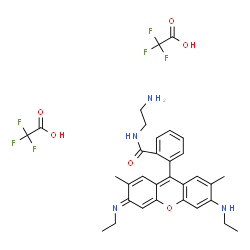 ChemSpider 2D Image | N-(2-Aminoethyl)-2-[(3E)-6-(ethylamino)-3-(ethylimino)-2,7-dimethyl-3H-xanthen-9-yl]benzamide trifluoroacetate (1:2) | C32H34F6N4O6