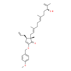 ChemSpider 2D Image | (4R,5S)-4-Allyl-5-[(2E,6E,10S)-10-hydroxy-3,7,11-trimethyl-2,6,11-dodecatrien-1-yl]-2-[(4-methoxybenzyl)oxy]-5-methyl-2-cyclopenten-1-one | C32H44O4