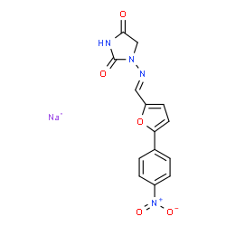 ChemSpider 2D Image | 2,4-Imidazolidinedione, 1-[[(1E)-[5-(4-nitrophenyl)-2-furanyl]methylene]amino]-, sodium salt (1:1) | C14H10N4NaO5