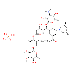 ChemSpider 2D Image | [(2R,3R,4E,6E,9R,12S,13S,14R)-12-{[3,6-Dideoxy-3-(dimethylamino)-beta-D-glucopyranosyl]oxy}-11-{2-[(3R,5S)-3,5-dimethyl-1-piperidinyl]ethyl}-2-ethyl-14-hydroxy-5,9,13-trimethyl-8,16-dioxooxacyclohexad
eca-4,6-dien-3-yl]methyl 6-deoxy-2,3-di-O-methyl-beta-D-allopyranoside phosphate (1:1) | C46H83N2O17P