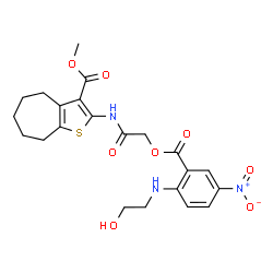 ChemSpider 2D Image | Methyl 2-{[({2-[(2-hydroxyethyl)amino]-5-nitrobenzoyl}oxy)acetyl]amino}-5,6,7,8-tetrahydro-4H-cyclohepta[b]thiophene-3-carboxylate | C22H25N3O8S