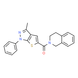 ChemSpider 2D Image | 3,4-Dihydro-2(1H)-isoquinolinyl(3-methyl-1-phenyl-1H-thieno[2,3-c]pyrazol-5-yl)methanone | C22H19N3OS
