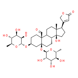 ChemSpider 2D Image | (3beta,5beta,9xi)-5-[(6-Deoxy-alpha-D-mannopyranosyl)oxy]-3-[(6-deoxy-alpha-L-mannopyranosyl)oxy]-14-hydroxy-19-oxocard-20(22)-enolide | C35H52O14