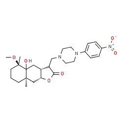 ChemSpider 2D Image | (3aR,5R,8aR,9aR)-4a-Hydroxy-5-methoxy-5,8a-dimethyl-3-{[4-(4-nitrophenyl)-1-piperazinyl]methyl}decahydronaphtho[2,3-b]furan-2(3H)-one | C26H37N3O6