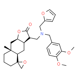 ChemSpider 2D Image | (3aR,4aR,8aR,9aR)-3-{[(3,4-Dimethoxybenzyl)(2-furylmethyl)amino]methyl}-8a-methyldecahydro-2H-spiro[naphtho[2,3-b]furan-5,2'-oxiran]-2-one | C29H37NO6