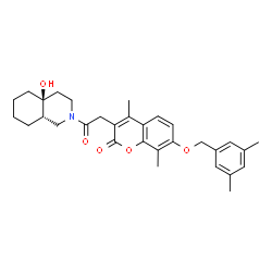 ChemSpider 2D Image | 7-[(3,5-Dimethylbenzyl)oxy]-3-{2-[(4aS,8aS)-4a-hydroxyoctahydro-2(1H)-isoquinolinyl]-2-oxoethyl}-4,8-dimethyl-2H-chromen-2-one | C31H37NO5