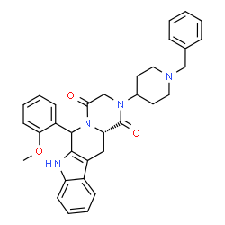 ChemSpider 2D Image | (12aS)-2-(1-Benzyl-4-piperidinyl)-6-(2-methoxyphenyl)-2,3,6,7,12,12a-hexahydropyrazino[1',2':1,6]pyrido[3,4-b]indole-1,4-dione | C33H34N4O3