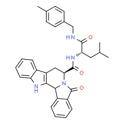 ChemSpider 2D Image | (7S)-N-{(2S)-4-Methyl-1-[(4-methylbenzyl)amino]-1-oxo-2-pentanyl}-5-oxo-7,8,13,13b-tetrahydro-5H-benzo[1,2]indolizino[8,7-b]indole-7-carboxamide | C33H34N4O3