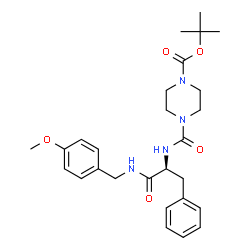ChemSpider 2D Image | 2-Methyl-2-propanyl 4-({(2S)-1-[(4-methoxybenzyl)amino]-1-oxo-3-phenyl-2-propanyl}carbamoyl)-1-piperazinecarboxylate | C27H36N4O5