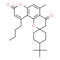 ChemSpider 2D Image | 10'-Butyl-5'-methyl-4-(2-methyl-2-propanyl)-8'H-spiro[cyclohexane-1,2'-pyrano[2,3-f]chromene]-4',8'(3'H)-dione | C26H34O4