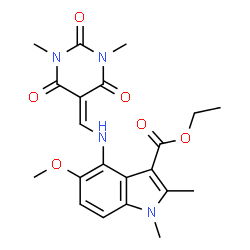 ChemSpider 2D Image | Ethyl 4-{[(1,3-dimethyl-2,4,6-trioxotetrahydro-5(2H)-pyrimidinylidene)methyl]amino}-5-methoxy-1,2-dimethyl-1H-indole-3-carboxylate | C21H24N4O6
