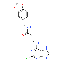 ChemSpider 2D Image | N-(1,3-Benzodioxol-5-ylmethyl)-N~3~-(2-chloro-7H-purin-6-yl)-beta-alaninamide | C16H15ClN6O3