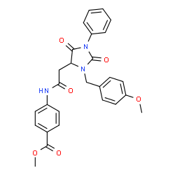 ChemSpider 2D Image | Methyl 4-({[3-(4-methoxybenzyl)-2,5-dioxo-1-phenyl-4-imidazolidinyl]acetyl}amino)benzoate | C27H25N3O6