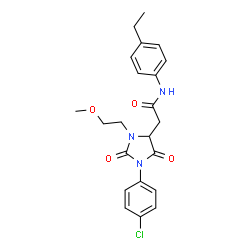 ChemSpider 2D Image | 2-[1-(4-Chlorophenyl)-3-(2-methoxyethyl)-2,5-dioxo-4-imidazolidinyl]-N-(4-ethylphenyl)acetamide | C22H24ClN3O4