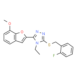 ChemSpider 2D Image | 4-Ethyl-3-[(2-fluorobenzyl)sulfanyl]-5-(7-methoxy-1-benzofuran-2-yl)-4H-1,2,4-triazole | C20H18FN3O2S