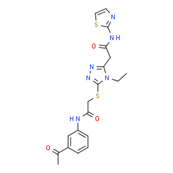 ChemSpider 2D Image | 2-[5-({2-[(3-Acetylphenyl)amino]-2-oxoethyl}sulfanyl)-4-ethyl-4H-1,2,4-triazol-3-yl]-N-(1,3-thiazol-2-yl)acetamide | C19H20N6O3S2