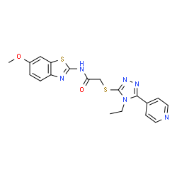 ChemSpider 2D Image | 2-{[4-Ethyl-5-(4-pyridinyl)-4H-1,2,4-triazol-3-yl]sulfanyl}-N-(6-methoxy-1,3-benzothiazol-2-yl)acetamide | C19H18N6O2S2