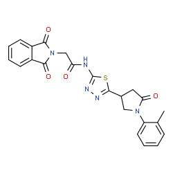 ChemSpider 2D Image | 2-(1,3-Dioxo-1,3-dihydro-2H-isoindol-2-yl)-N-{5-[1-(2-methylphenyl)-5-oxo-3-pyrrolidinyl]-1,3,4-thiadiazol-2-yl}acetamide | C23H19N5O4S