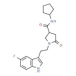 ChemSpider 2D Image | N-Cyclopentyl-1-[2-(5-fluoro-1H-indol-3-yl)ethyl]-5-oxo-3-pyrrolidinecarboxamide | C20H24FN3O2
