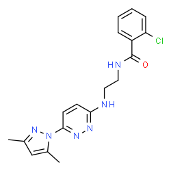 ChemSpider 2D Image | 2-Chloro-N-(2-{[6-(3,5-dimethyl-1H-pyrazol-1-yl)-3-pyridazinyl]amino}ethyl)benzamide | C18H19ClN6O