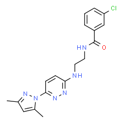 ChemSpider 2D Image | 3-Chloro-N-(2-{[6-(3,5-dimethyl-1H-pyrazol-1-yl)-3-pyridazinyl]amino}ethyl)benzamide | C18H19ClN6O