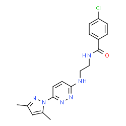 ChemSpider 2D Image | 4-Chloro-N-(2-{[6-(3,5-dimethyl-1H-pyrazol-1-yl)-3-pyridazinyl]amino}ethyl)benzamide | C18H19ClN6O