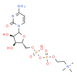 ChemSpider 2D Image | 4-Amino-1-{5-O-[hydroxy({[2-(trimethylammonio)ethoxy]phosphinato}oxy)phosphoryl]-D-ribofuranosyl}-2(1H)-pyrimidinone | C14H26N4O11P2
