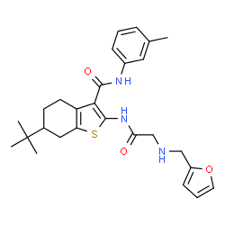 ChemSpider 2D Image | 2-{[N-(2-Furylmethyl)glycyl]amino}-N-(3-methylphenyl)-6-(2-methyl-2-propanyl)-4,5,6,7-tetrahydro-1-benzothiophene-3-carboxamide | C27H33N3O3S