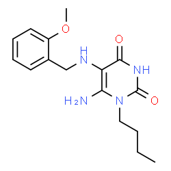 ChemSpider 2D Image | 6-Amino-1-butyl-5-(2-methoxy-benzylamino)-1H-pyrimidine-2,4-dione | C16H22N4O3