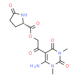 ChemSpider 2D Image | 2-(6-Amino-1,3-dimethyl-2,4-dioxo-1,2,3,4-tetrahydro-5-pyrimidinyl)-2-oxoethyl 5-oxo-L-prolinate | C13H16N4O6