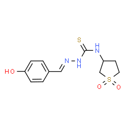 ChemSpider 2D Image | (2E)-N-(1,1-Dioxidotetrahydro-3-thiophenyl)-2-(4-hydroxybenzylidene)hydrazinecarbothioamide | C12H15N3O3S2