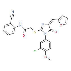 ChemSpider 2D Image | 2-{[(4E)-1-(3-Chloro-4-methoxyphenyl)-4-(2-furylmethylene)-5-oxo-4,5-dihydro-1H-imidazol-2-yl]sulfanyl}-N-(2-cyanophenyl)acetamide | C24H17ClN4O4S