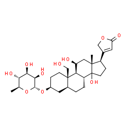 ChemSpider 2D Image | (3beta,5alpha,11beta,14xi)-3-[(6-Deoxy-alpha-L-mannopyranosyl)oxy]-11,14,19-trihydroxycard-20(22)-enolide | C29H44O10