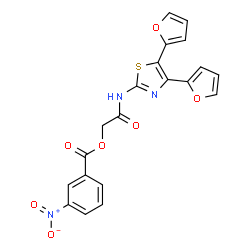 ChemSpider 2D Image | 2-{[4,5-Di(2-furyl)-1,3-thiazol-2-yl]amino}-2-oxoethyl 3-nitrobenzoate | C20H13N3O7S