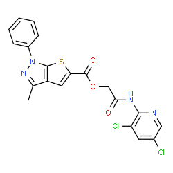 ChemSpider 2D Image | 2-[(3,5-Dichloro-2-pyridinyl)amino]-2-oxoethyl 3-methyl-1-phenyl-1H-thieno[2,3-c]pyrazole-5-carboxylate | C20H14Cl2N4O3S