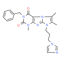 ChemSpider 2D Image | 3-Benzyl-8-[3-(1H-imidazol-1-yl)propyl]-1,6,7-trimethyl-1H-imidazo[2,1-f]purine-2,4(3H,8H)-dione | C23H25N7O2