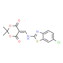 ChemSpider 2D Image | 5-{[(6-Chloro-1,3-benzothiazol-2-yl)amino]methylene}-2,2-dimethyl-1,3-dioxane-4,6-dione | C14H11ClN2O4S