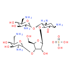 ChemSpider 2D Image | (1R,3R,4R,6R)-4,6-Diamino-2-{[3-O-(2,6-diamino-2,6-dideoxy-alpha-D-mannopyranosyl)-beta-D-ribofuranosyl]oxy}-3-hydroxycyclohexyl 2,6-diamino-2,6-dideoxy-beta-L-gulopyranoside sulfate (1:1) | C23H48N6O17S