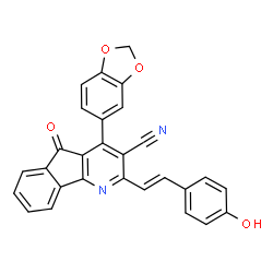 ChemSpider 2D Image | 4-(1,3-Benzodioxol-5-yl)-2-[(E)-2-(4-hydroxyphenyl)vinyl]-5-oxo-5H-indeno[1,2-b]pyridine-3-carbonitrile | C28H16N2O4