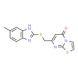ChemSpider 2D Image | 5H-thiazolo[3,2-a]pyrimidin-5-one, 7-[[(5-methyl-1H-benzimidazol-2-yl)thio]methyl]- | C15H12N4OS2