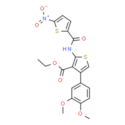 ChemSpider 2D Image | Ethyl 4-(3,4-dimethoxyphenyl)-2-{[(5-nitro-2-thienyl)carbonyl]amino}-3-thiophenecarboxylate | C20H18N2O7S2
