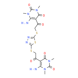 ChemSpider 2D Image | 5,5'-{1,3,4-Thiadiazole-2,5-diylbis[sulfanediyl(1-oxo-2,1-ethanediyl)]}bis(6-amino-1,3-dimethyl-2,4(1H,3H)-pyrimidinedione) | C18H20N8O6S3